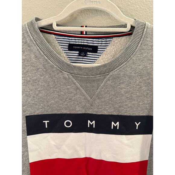 Tommy Hilfiger Vintage Grey Crewneck Logo Y2K Pullover Sweatshirt Sz L - Picture 2 of 6